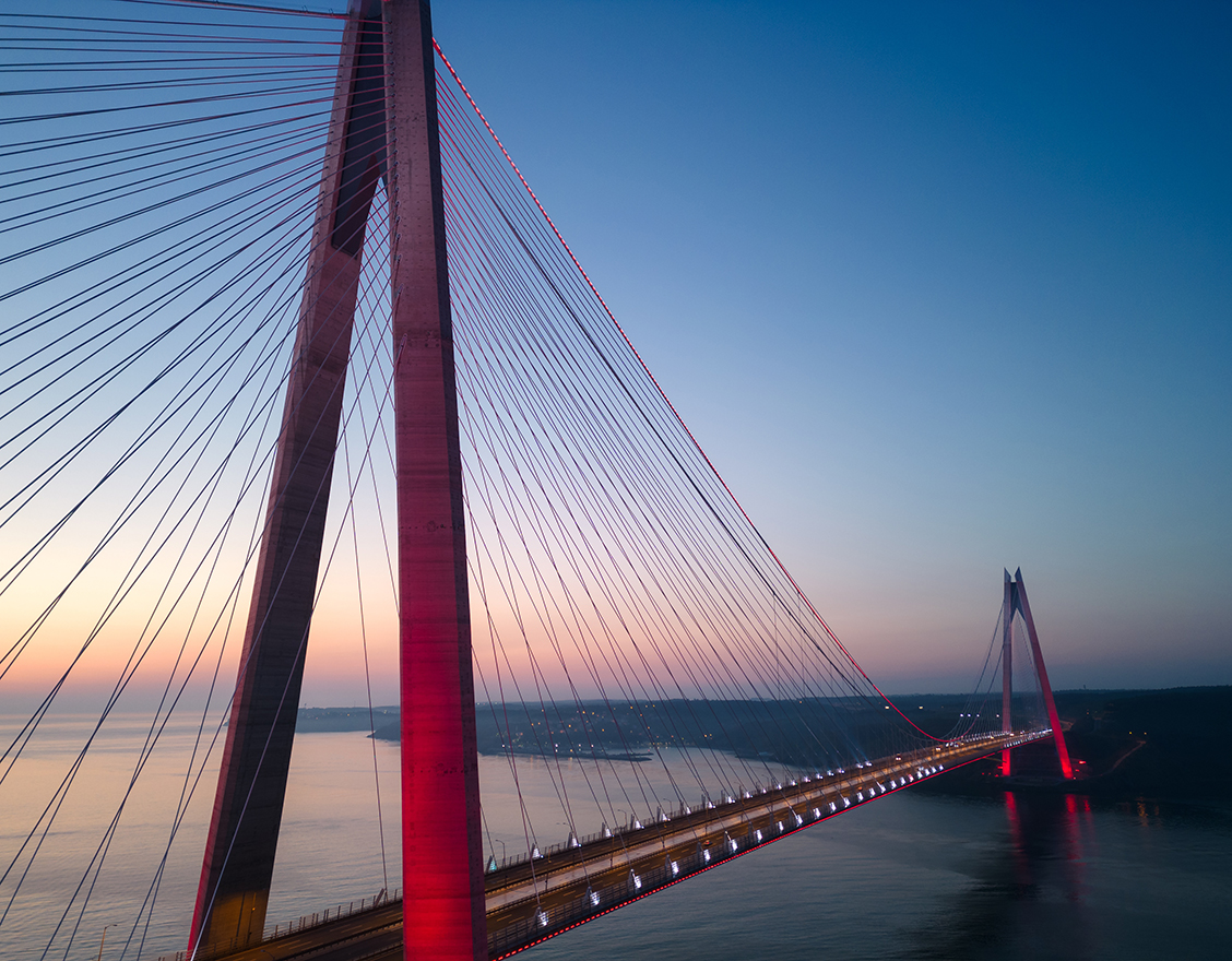 Photo of red bridge with sunset in the background