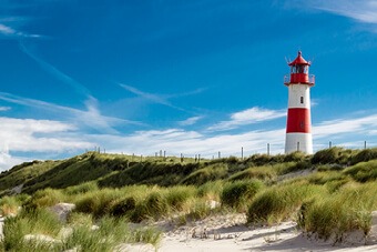 red and white lighthouse surrounded by grass 