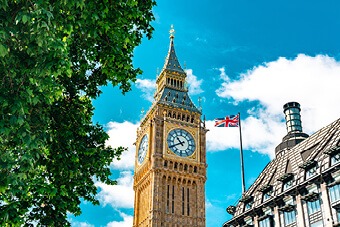 London parliament with flag