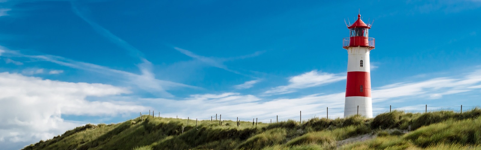 red and white lighthouse surrounded by grass 