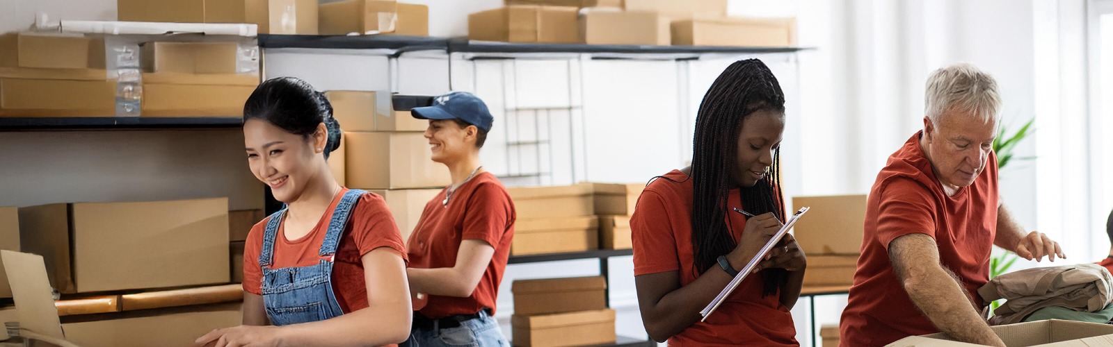 Charity workers packing boxes