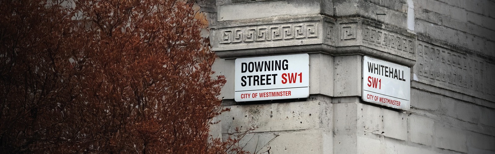 Downing street road sign on a grey building