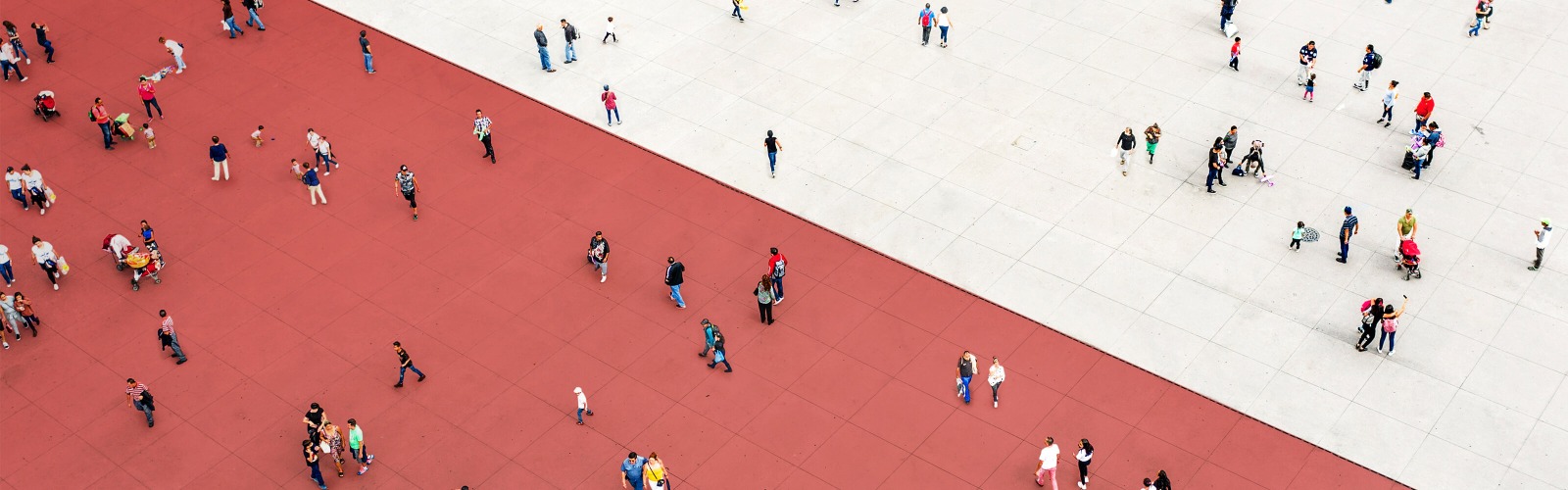 crowd of people divided by red tiles 