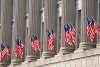 USA flags on building columns 